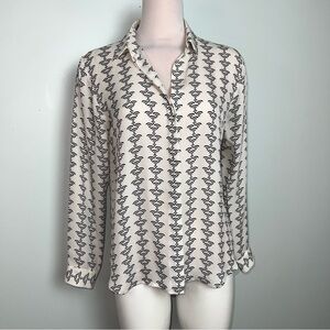 Theory 100% Silk Printed Button Front Ivory Black Blouse Women’s Petite Small